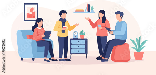 People talking in a cozy room with furniture, plants and artwork