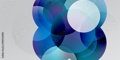 Abstract composition. Overlapping circles create dynamic visual effect. Blues, purples, whites dominate design. Minimalist, modern aesthetic.
