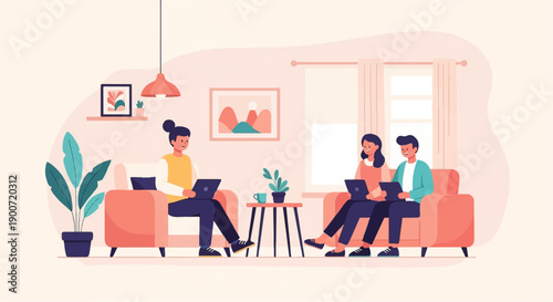 People using laptops while relaxing on sofas in a minimalist living room