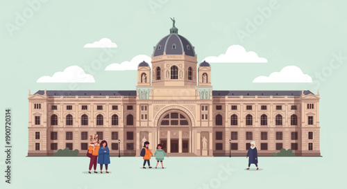 People visit a grand classical building with a domed roof