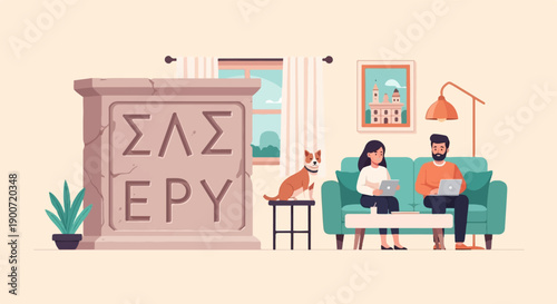 People with dog and ancient stone work in a living room