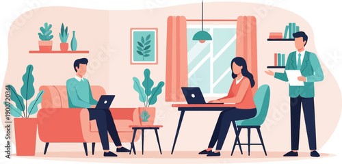 People working on laptops in a modern, plant-filled room