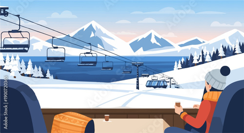 Person in hat sips drink overlooking snowy mountain ski lift scene