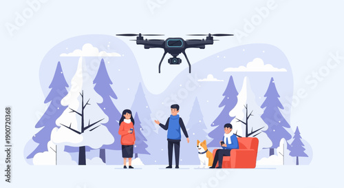 People with drone in winter forest