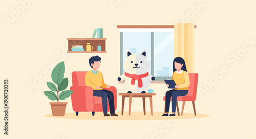 Therapy session with a person, a fluffy companion, and a clinician