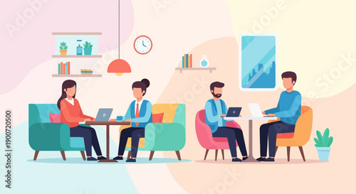 People working on laptops in a cozy indoor cafe setting