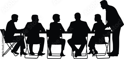 Business team meeting silhouettes at conference table, corporate discussion and presentation scene, teamwork and leadership concept illustration
