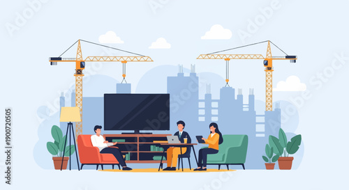 People work in an office with construction cranes and city skyline