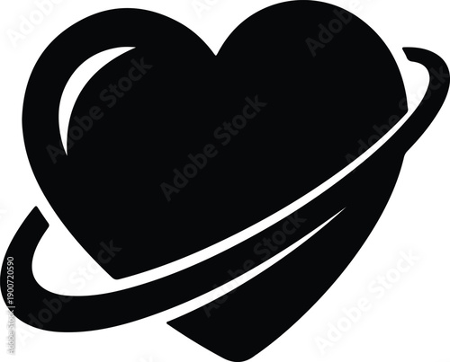 silhouette heart shape with planet ring for romantic love symbol vector design