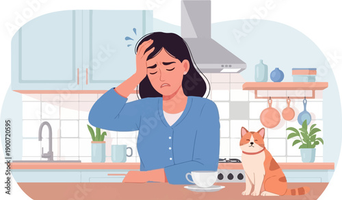 Stressed woman in kitchen with pet cat, feeling unwell