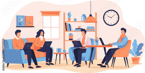 People working on laptops in a comfortable, modern living room setting