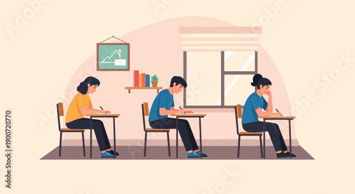 Students concentrating on their written tests in a classroom