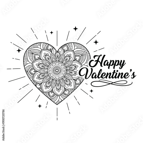 Happy Valentine's greeting with heart mandala and sparkling rays vector illustration for romantic card and social media post design
