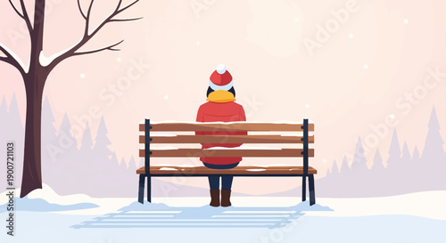 Person in winter attire sits on a snow-covered park bench observing snowfall