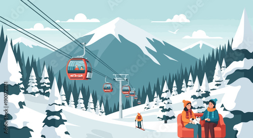 Snowy mountain landscape with ski lift cabins carrying people