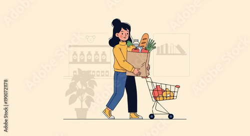 Person in yellow sweater and blue pants walks with groceries and cart