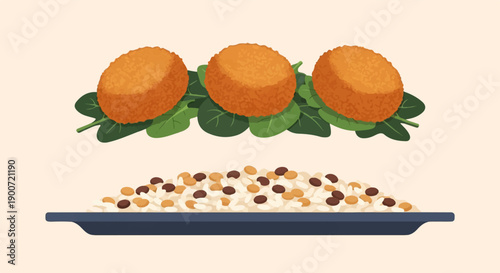 Three crispy fried balls atop spinach, served with a side of rice and beans