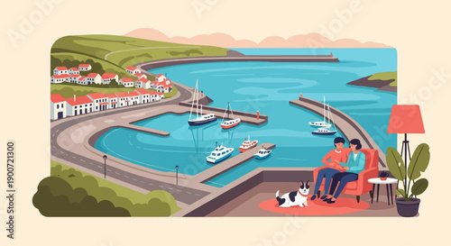 Pixel art scene of a coastal village with a couple relaxing indoors