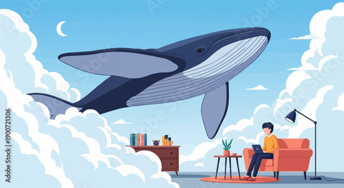 Pixel art scene of a person working on a laptop in a cozy room with a giant whale in the sky