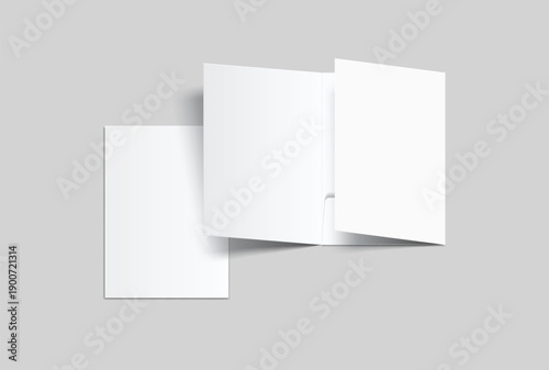 A4 Size paper folder mockup with tri fold design and pocket on isolated on background.Blank folded paper, open leaflet template for print layout, brochure, presentation document, flyer, catalogue, ads