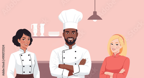 Three diverse culinary professionals, a chef and two assistants, stand ready