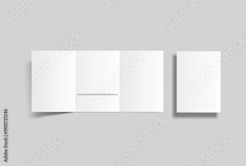 A4 Size paper folder mockup with tri fold design and pocket on isolated on background.Blank folded paper, open leaflet template for print layout, brochure, presentation document, flyer, catalogue, ads