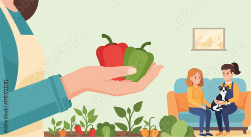 Person offering fresh peppers from garden to two people and dog relaxing indoors