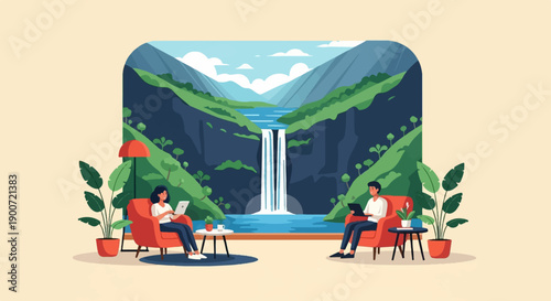 People working on laptops in comfortable chairs with a waterfall backdrop