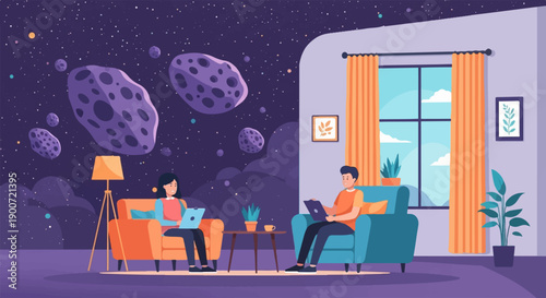 People working on laptops from home in a room with space and asteroids outside