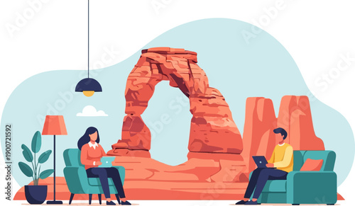 People working on laptops inside a living room with a natural arch backdrop