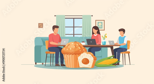 People working on laptops around a table with food