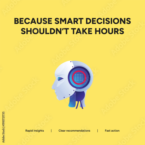 AI robot head illustration for fast decision making, rapid insights, and clear recommendations, symbolizing intelligent automation and smart technology for business solutions.