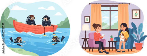 Scuba divers in boat and people relaxing indoors with dog