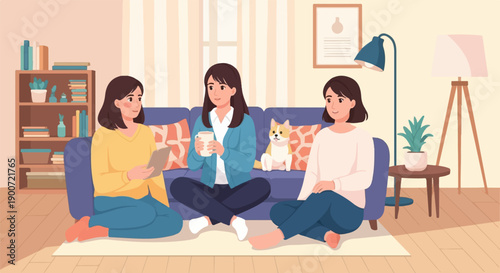 Three friends and a dog relax in a cozy living room with a bookshelf and plants