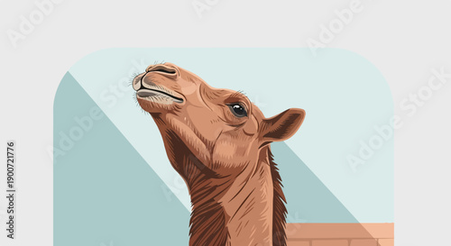 Stylized close-up portrait of a brown camel's head tilted upwards