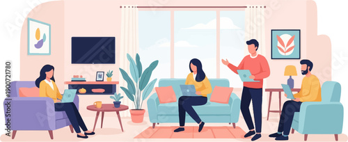 People working on laptops and talking in a living room