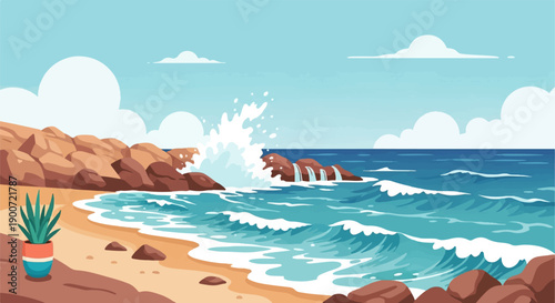 Pixelated coastal scene with crashing waves against rocks