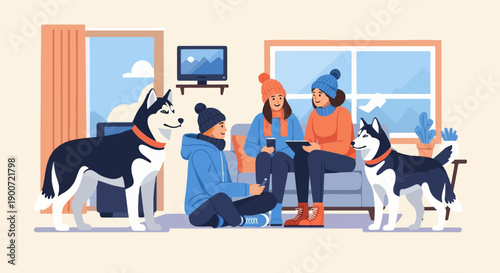Three friends and two huskies relax indoors on a cozy winter day