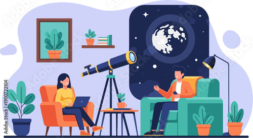 People observe moon and stars through telescope while relaxing indoors