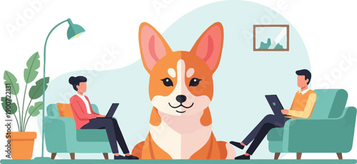 People working on laptops on sofas with a dog in the middle