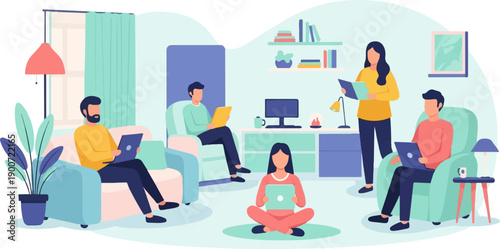 People working on laptops and reading in a cozy, modern living room