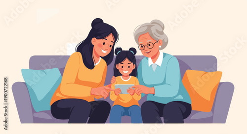 Three generations of women happily sharing a digital device on a sofa