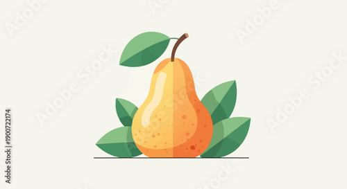 Stylized flat illustration of a ripe pear with green leaves on a light background