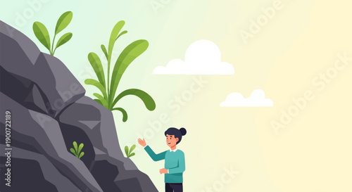 Person reaching out near a rocky outcrop with sparse green vegetation and clouds