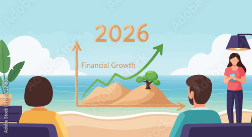 People observing a financial growth chart for the year 2026 on a beach