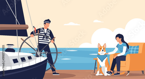 Sailor at helm of boat, woman with dog relaxing on deck near water