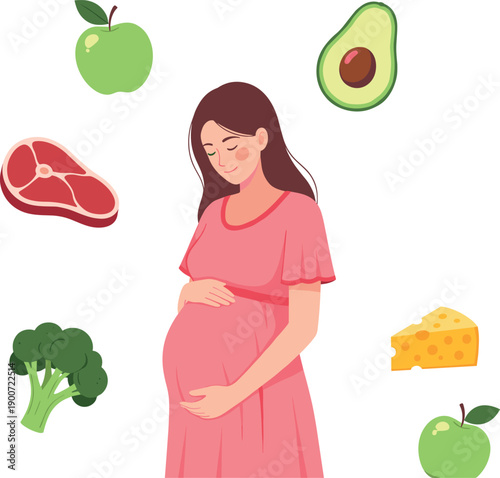 Pregnant woman vector illustration surrounded by healthy food icons like avocado broccoli meat and fruit for maternity nutrition.