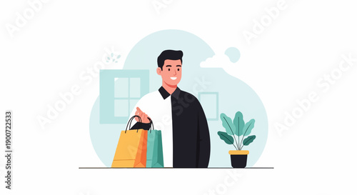 Smiling person holds shopping bags next to a potted plant