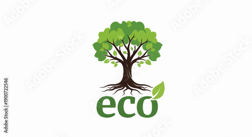 Stylized green tree with exposed roots and leaves, word "eco