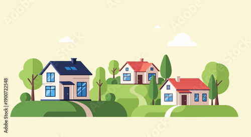 Three houses on green hills with trees and clouds